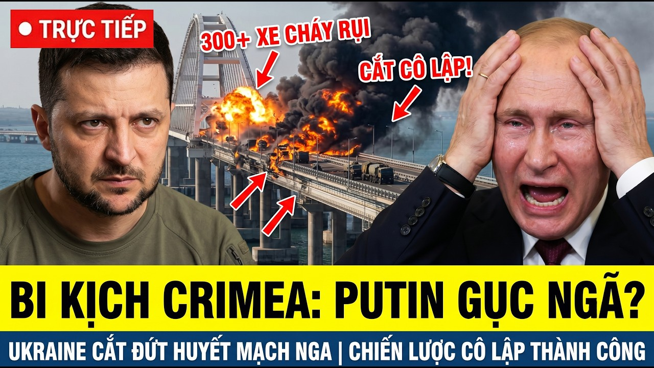 TRỰC TIẾP: 300 XE TẢI NGA CHÁY RỤI, Ukraine Chặt Đứt Huyết Mạch Tiếp Tế cuối cùng tại Crimea